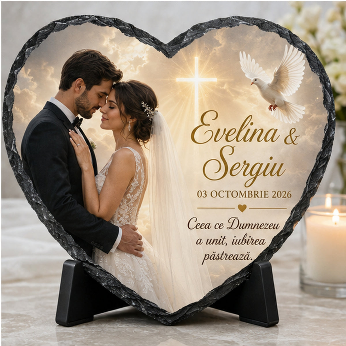 Placă de ardezie inimă personalizată pentru nuntă – Design religios cu cruce și porumbel