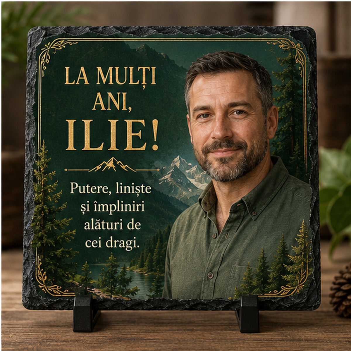 Piatră Ardezie Personalizată Ilie 20x20 cm cu Poză – Cadou de Ziua Numelui pentru Bărbați
