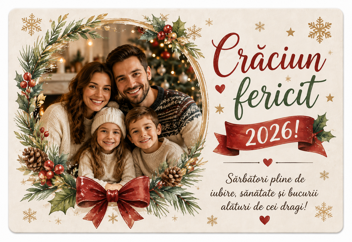 Magnet de Crăciun personalizat cu fotografie de familie – „Crăciun Fericit 2026!”