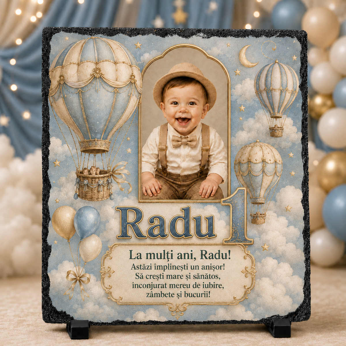 Placă ardezie personalizată 20x20 cm cu fotografie, nume și vârstă – Cadou aniversar 1 an pentru băiețel