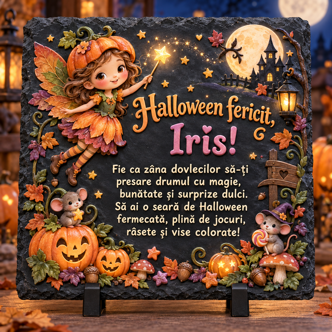Placă ardezie personalizată Halloween pentru fetiță 20×20 cm – zână a dovlecilor, magie de toamnă și nume personalizat