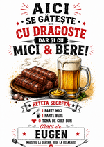 Șorț Personalizat „Aici se gătește cu dragoste, dar și cu mici & bere!” – Cadoul Perfect pentru Pasionații de Grătar