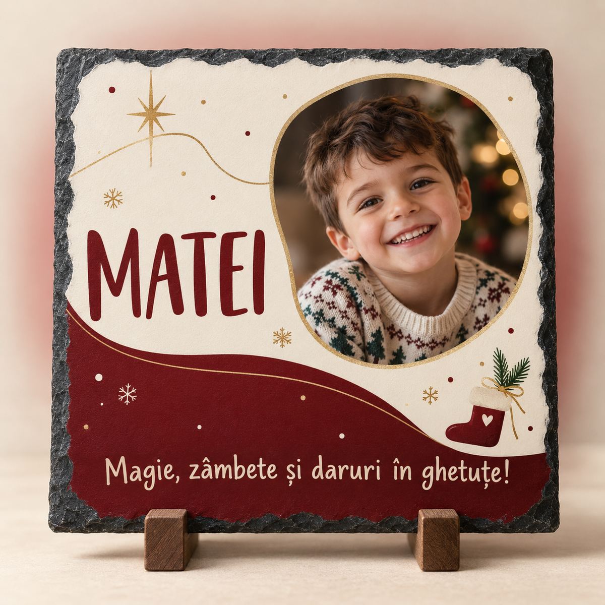 Placă Ardezie Personalizată 20×20 cm cu Poză și Nume – Cadou de Moș Nicolae pentru Băiat