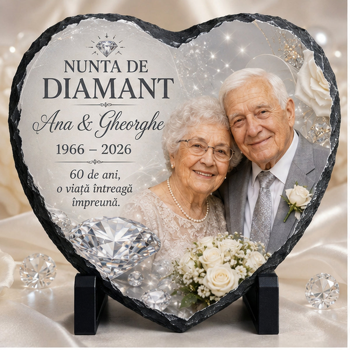 Placă de Ardezie Personalizată Inimă – Nunta de Diamant, 60 de Ani de Căsătorie