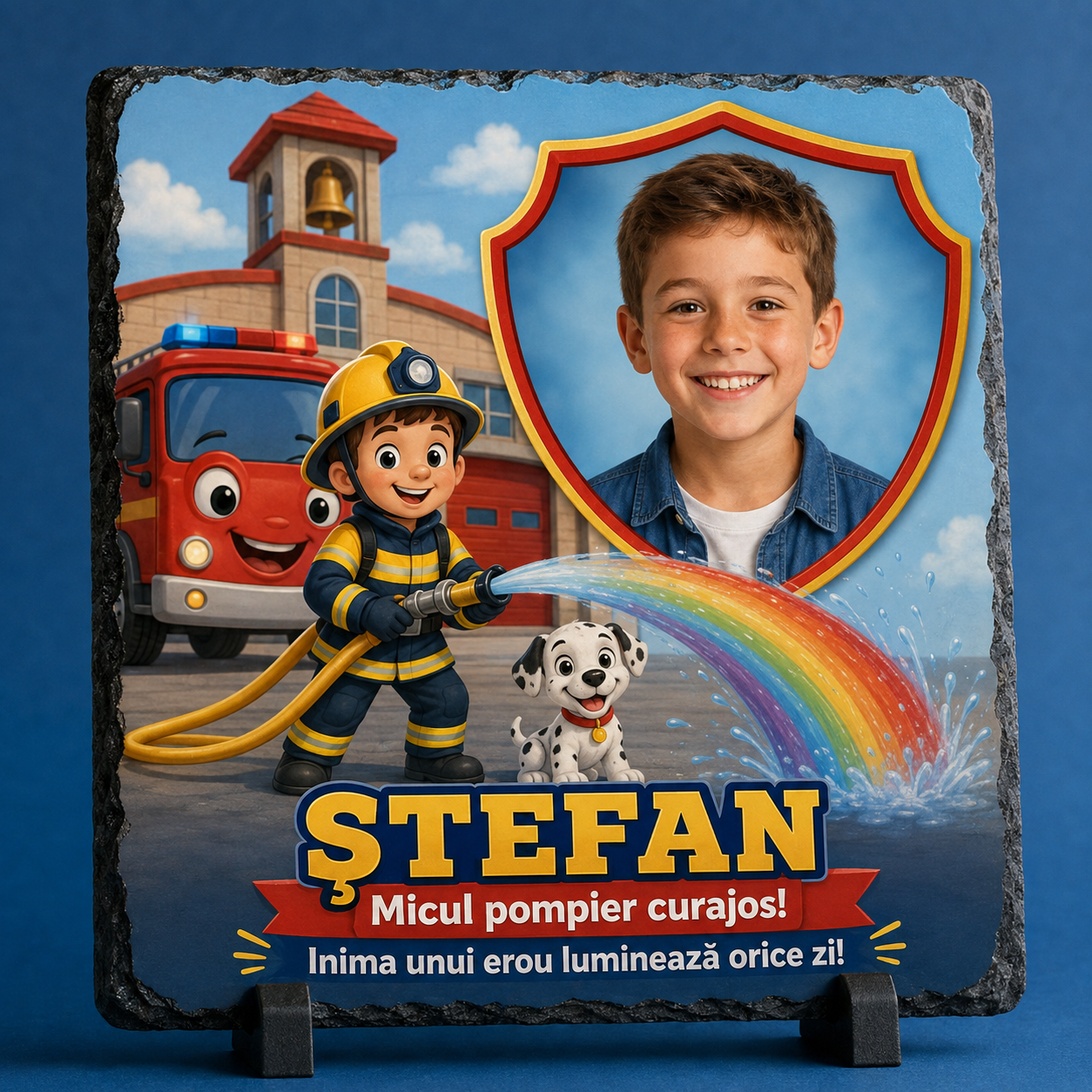 Placă din ardezie personalizată pentru copii 20×20 cm – Micul Pompier Curajos, cu fotografie și nume