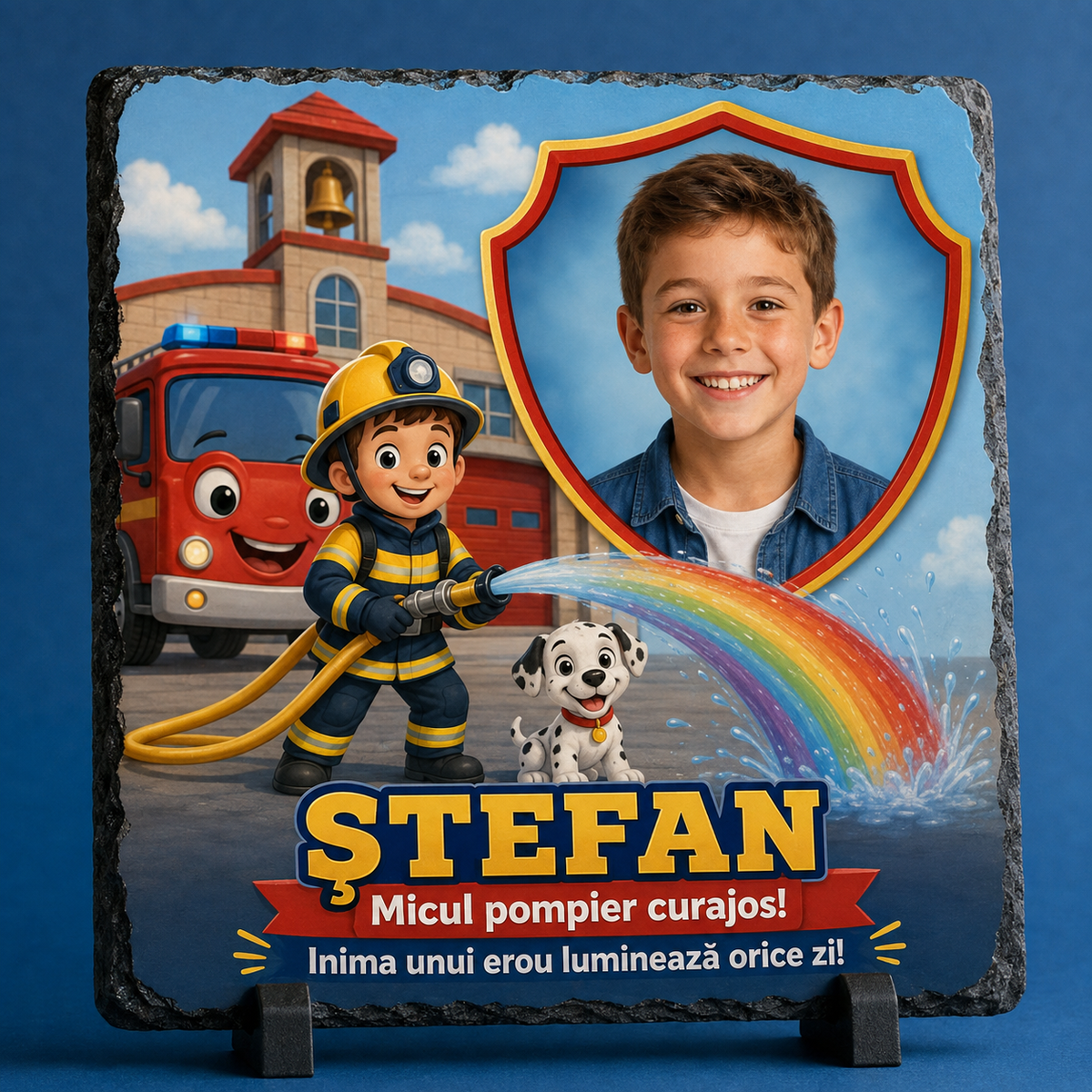 Placă din ardezie personalizată pentru copii 20×20 cm – Micul Pompier Curajos, cu fotografie și nume