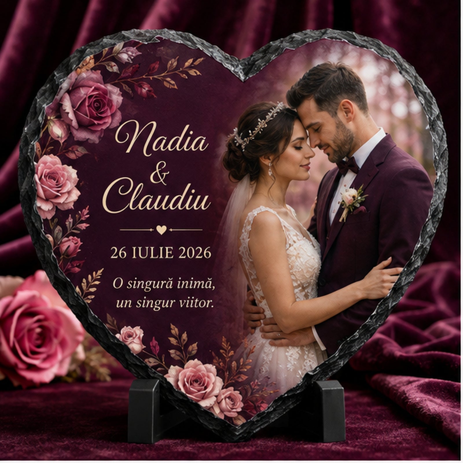 Placă de ardezie inimă personalizată pentru nuntă – Trandafiri bordo & stil romantic premium