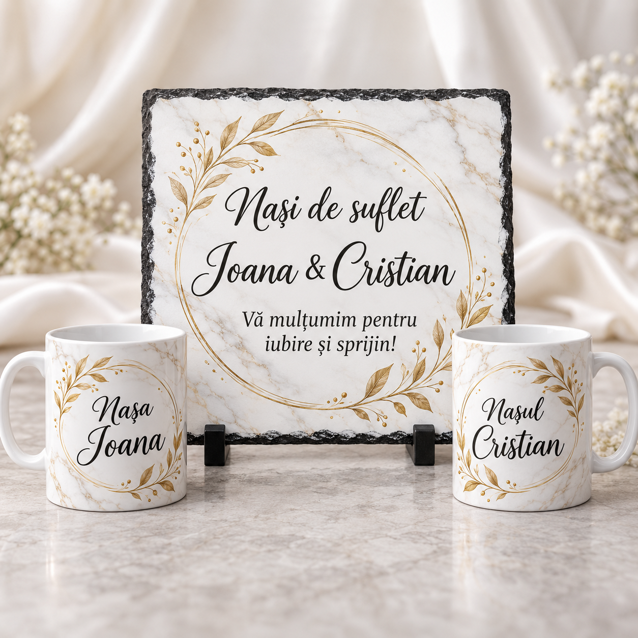 Set cadou personalizat pentru nași – Ardezie 20×20 cm și 2 căni, design marmorat alb și auriu