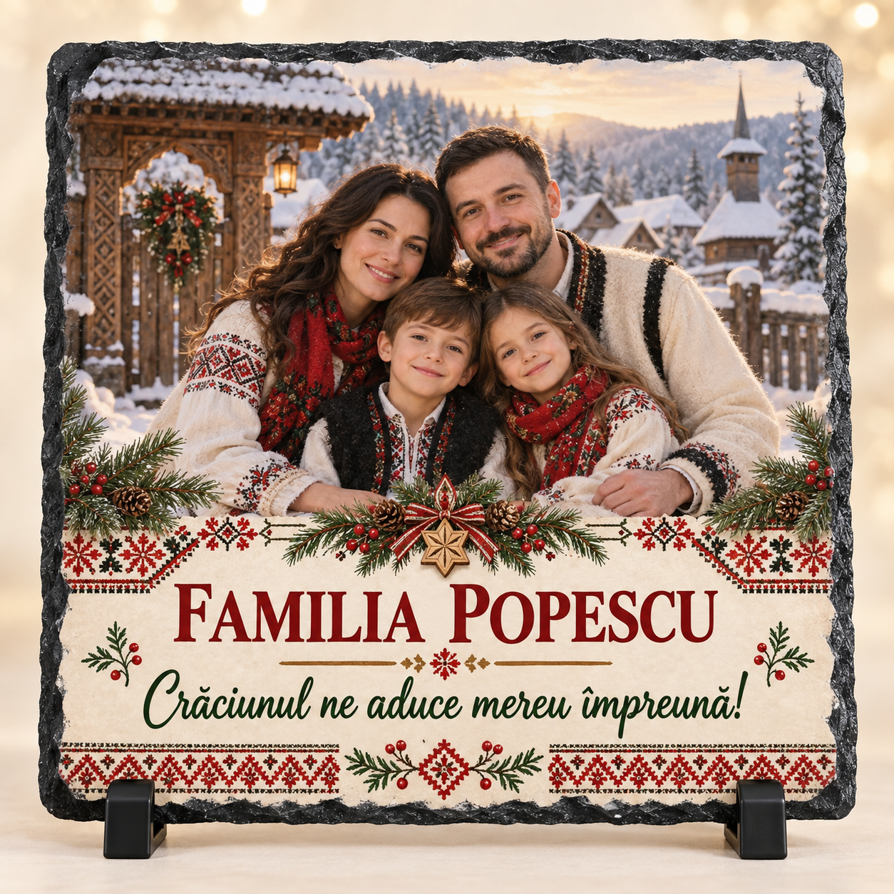 Placă Ardezie Personalizată 20×20 cm pentru Familie – Cadou de Crăciun cu Poză și Nume