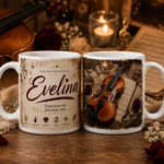 Cană personalizată cu vioară și numele Evelina, 330 ml, design elegant cu arcuș, partituri, note muzicale și trandafiri
