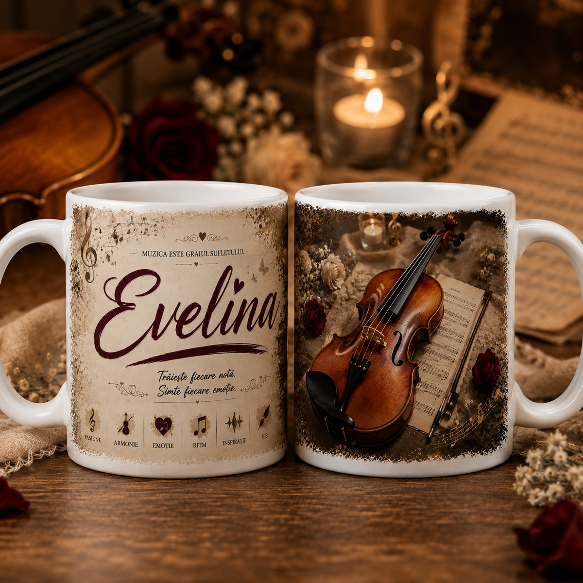 Cană personalizată cu vioară și numele Evelina, 330 ml, design elegant cu arcuș, partituri, note muzicale și trandafiri