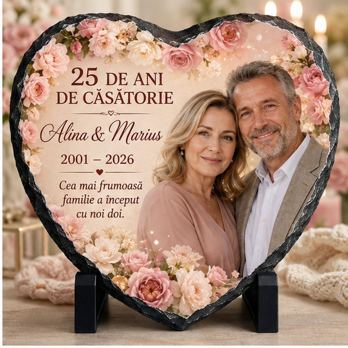 Placă de Ardezie Personalizată Inimă cu Poză – 25 de Ani de Căsătorie, Cadou Aniversare Familie