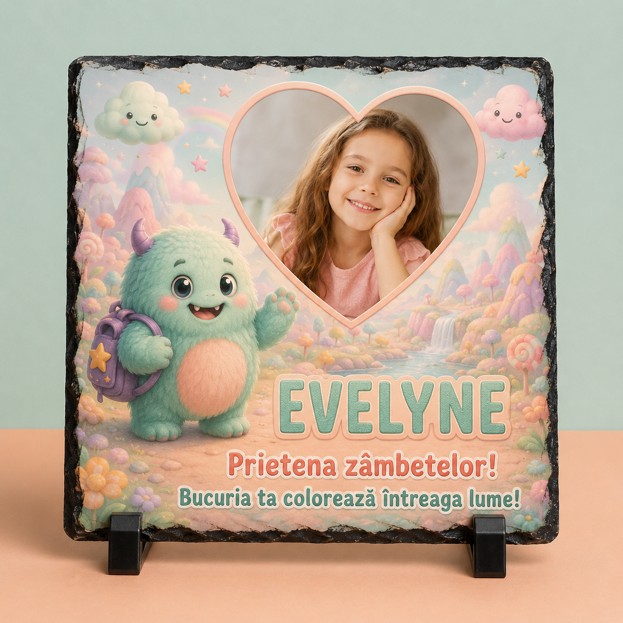 Placă din ardezie personalizată pentru copii 20×20 cm – „Prietena Zâmbetelor”, cu fotografie și nume