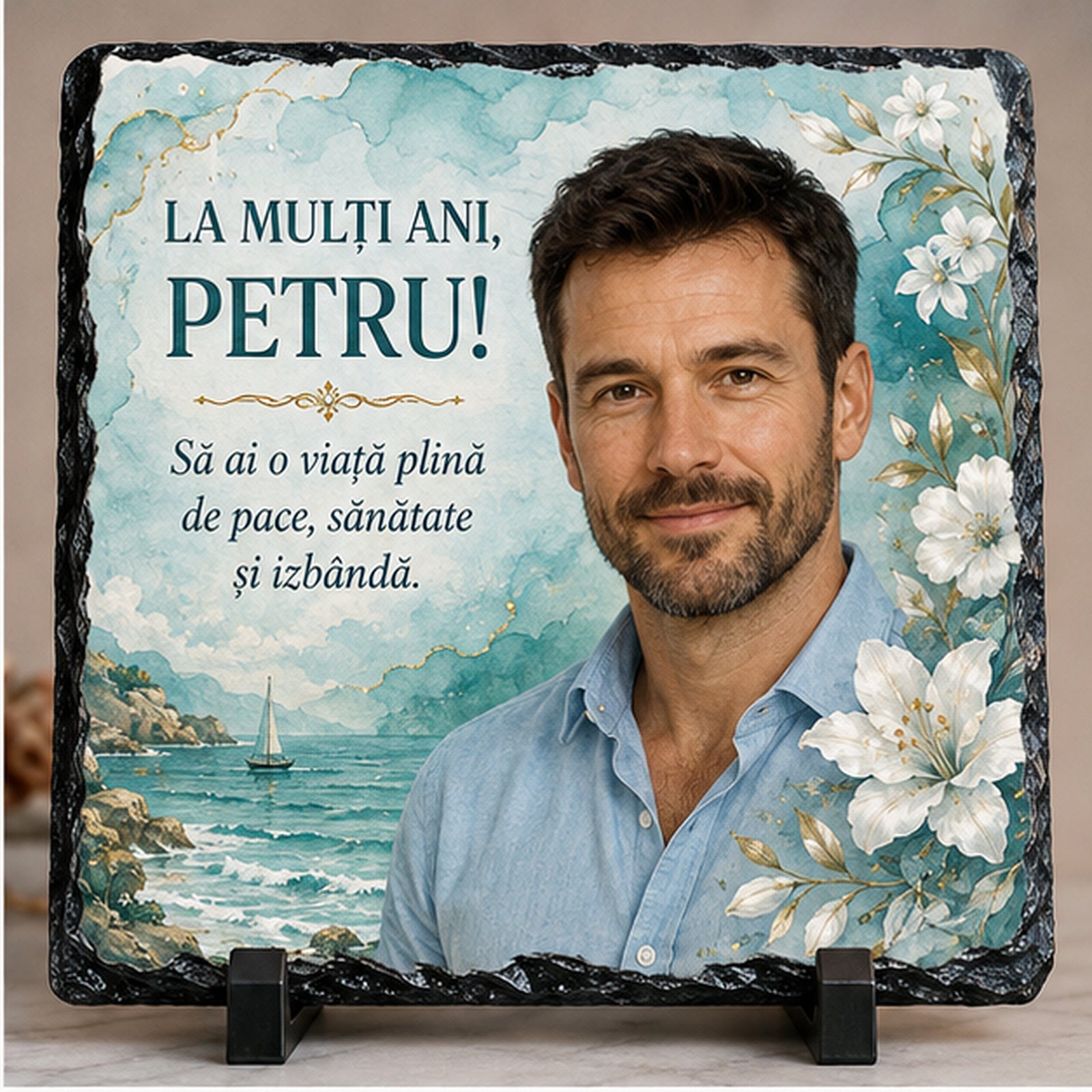 Piatră Ardezie Personalizată Petru 20x20 cm cu Poză – Cadou Elegant pentru Ziua Numelui