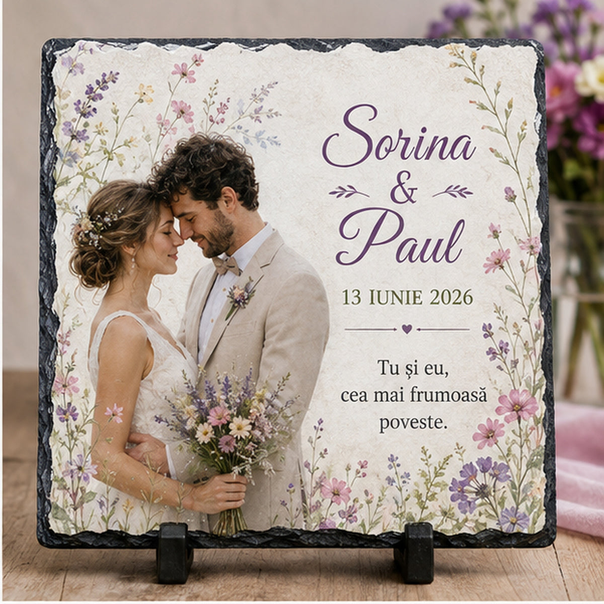 Placă de ardezie personalizată pentru nuntă – 20 × 20 cm, design floral de câmp cu fotografie și mesaj romantic