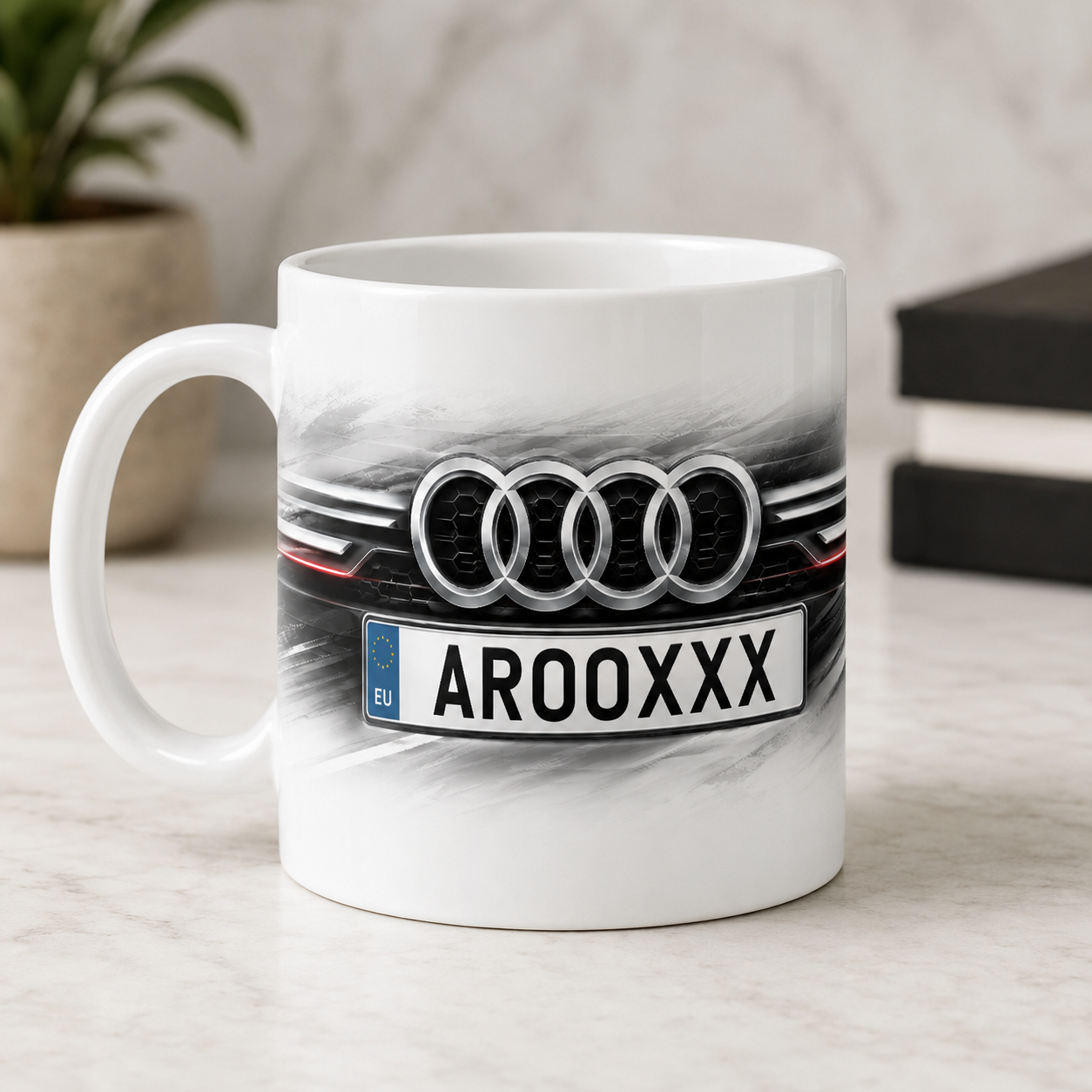 Cană Personalizată Audi cu Număr de Înmatriculare – 330 ml | Personalizare Completă | Cadoul Perfect pentru Pasionații Audi