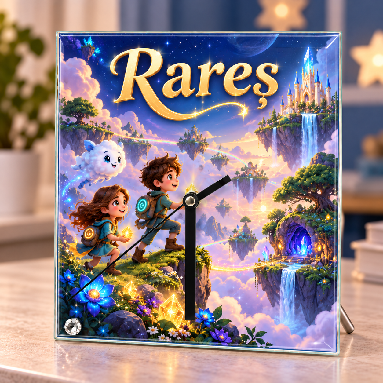 Ceas de birou personalizat pentru copii din sticlă 20×20 cm – Aventură Fantasy, Castel și Insule Plutitoare cu Nume
