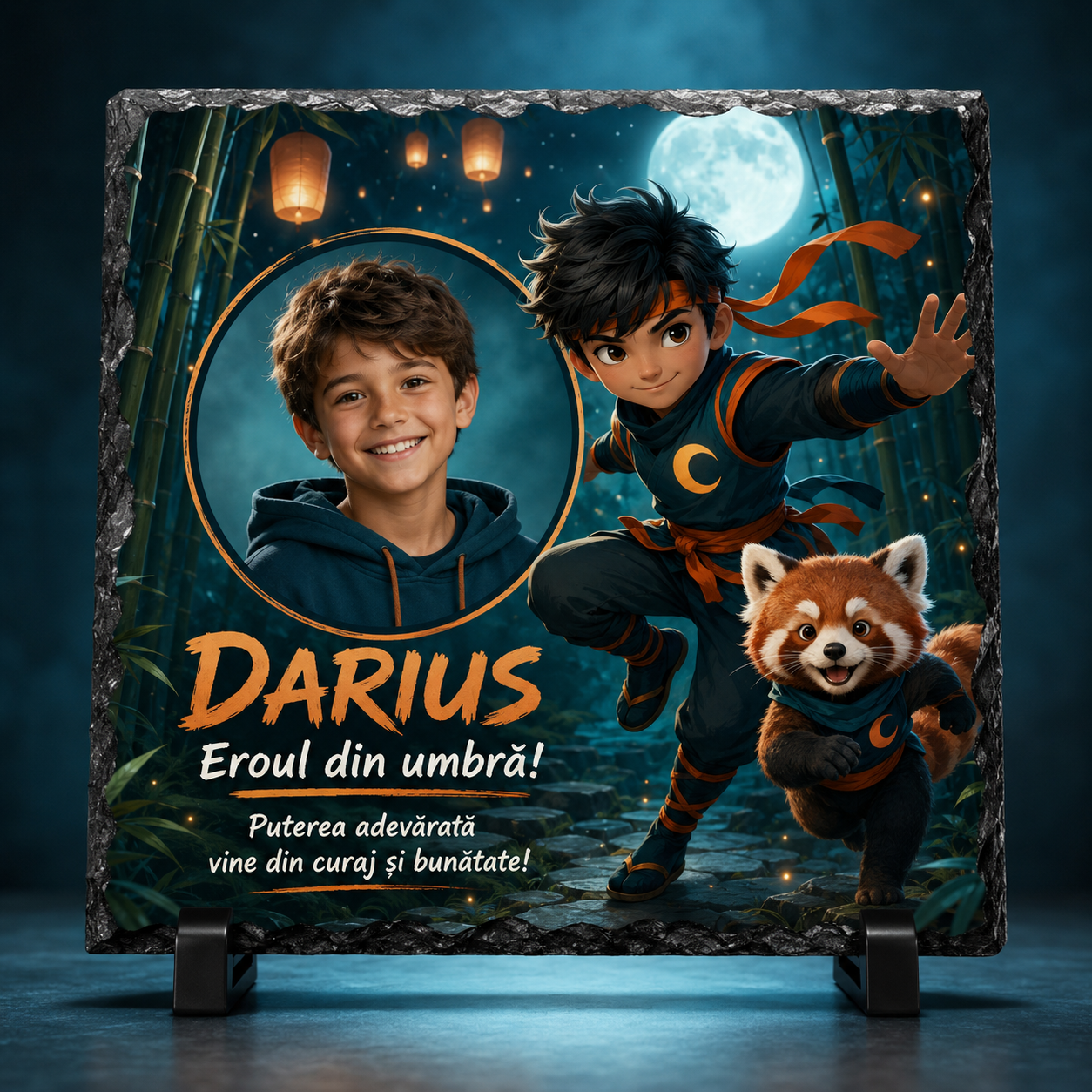 Placă din ardezie personalizată pentru copii 20×20 cm – Erou Ninja, cu fotografie și nume