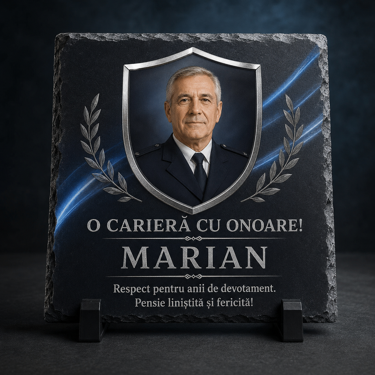Placă ardezie personalizată 20×20 cm pentru polițist pensionar – Cadou de onoare cu fotografie