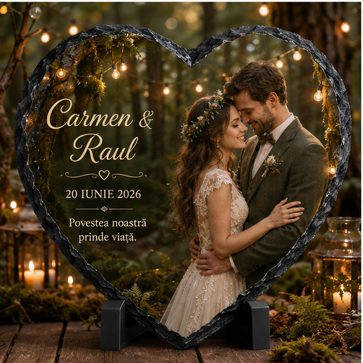 Placă de ardezie inimă personalizată pentru nuntă – Pădure romantică cu lumini