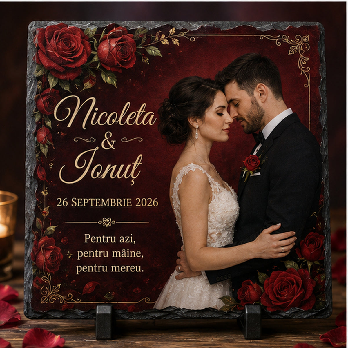 Placă de ardezie personalizată pentru nuntă – 20 × 20 cm, design romantic cu trandafiri roșii, fundal burgundy și accente aurii