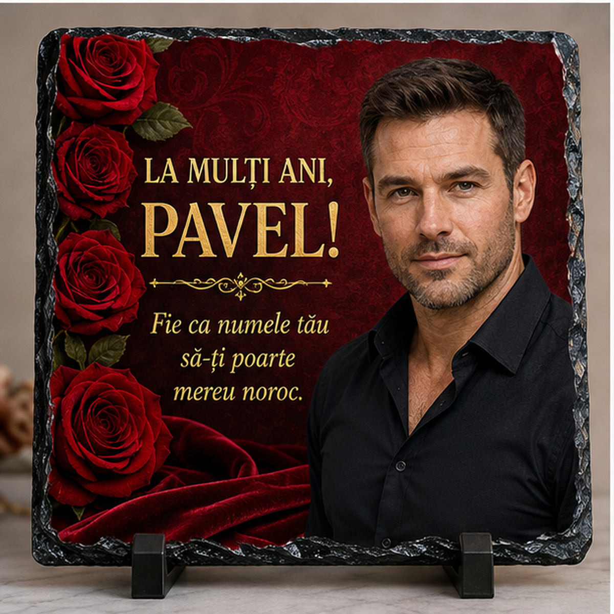 Piatră Ardezie Personalizată Pavel 20x20 cm cu Poză – Cadou Elegant pentru Ziua Numelui