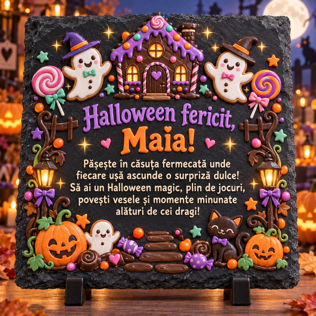 Placă ardezie personalizată Halloween pentru copii 20×20 cm – căsuță din dulciuri, biscuiți fantomă, dovleci și nume personalizat