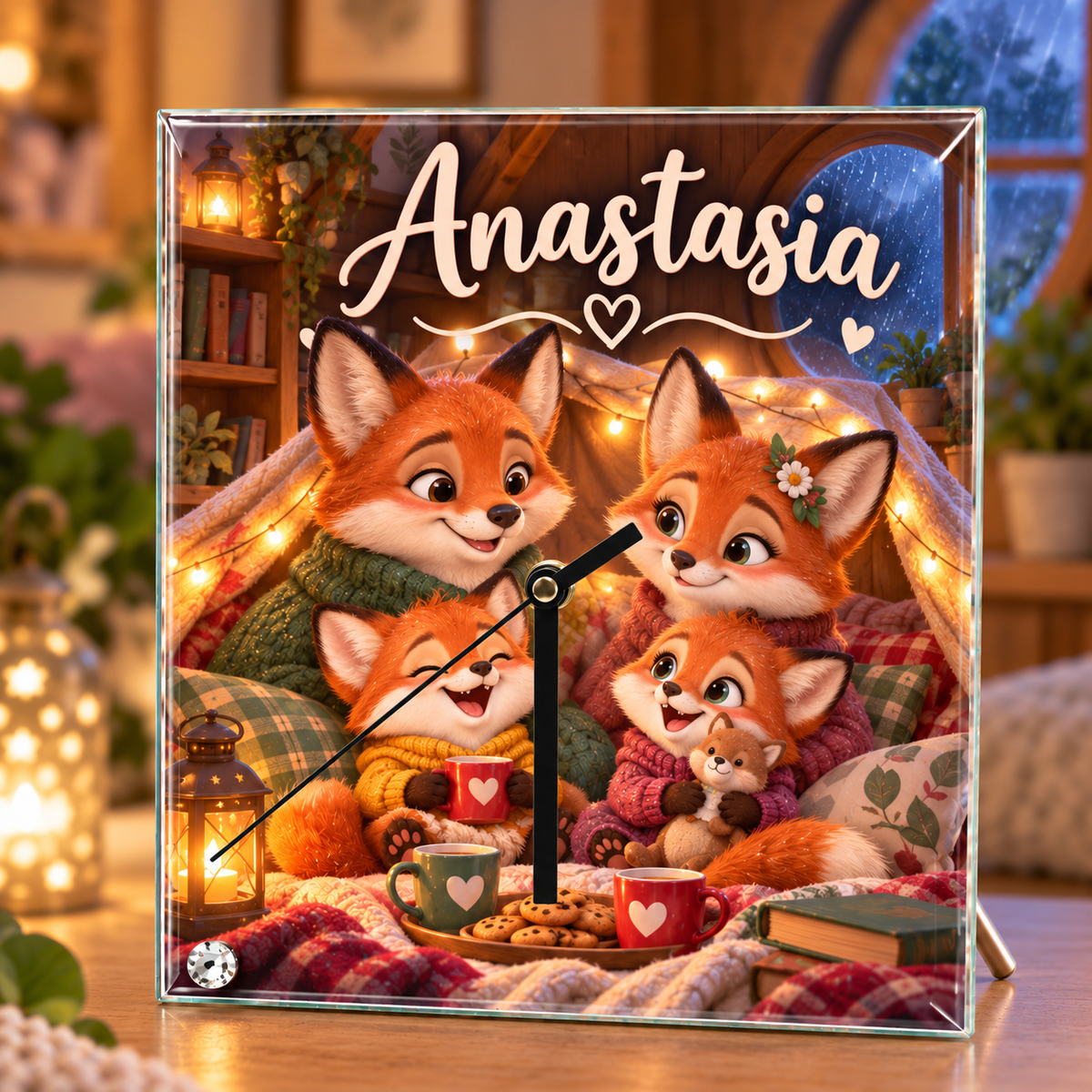 Ceas de birou personalizat pentru copii, din sticlă, 20×20 cm – cu nume și design colorat