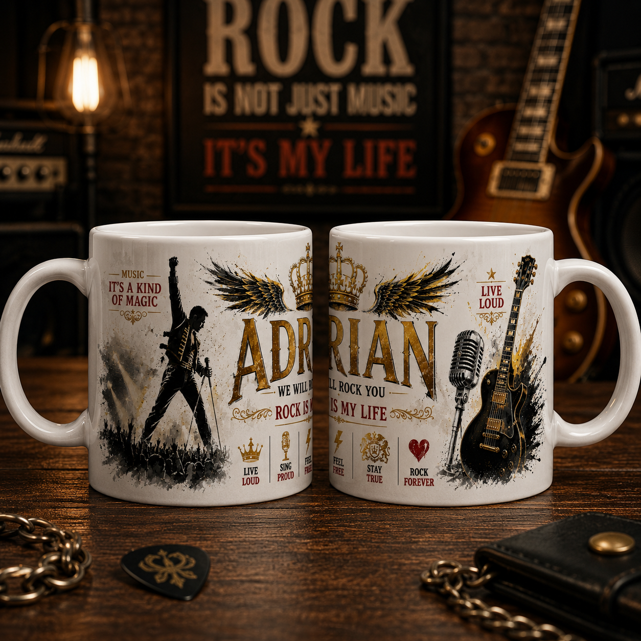 Cană personalizată rock cu numele Adrian, 330 ml, cu chitară electrică, microfon și design premium, prezentată din două unghiuri