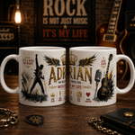 Cană personalizată rock cu numele Adrian, 330 ml, cu chitară electrică, microfon și design premium, prezentată din două unghiuri