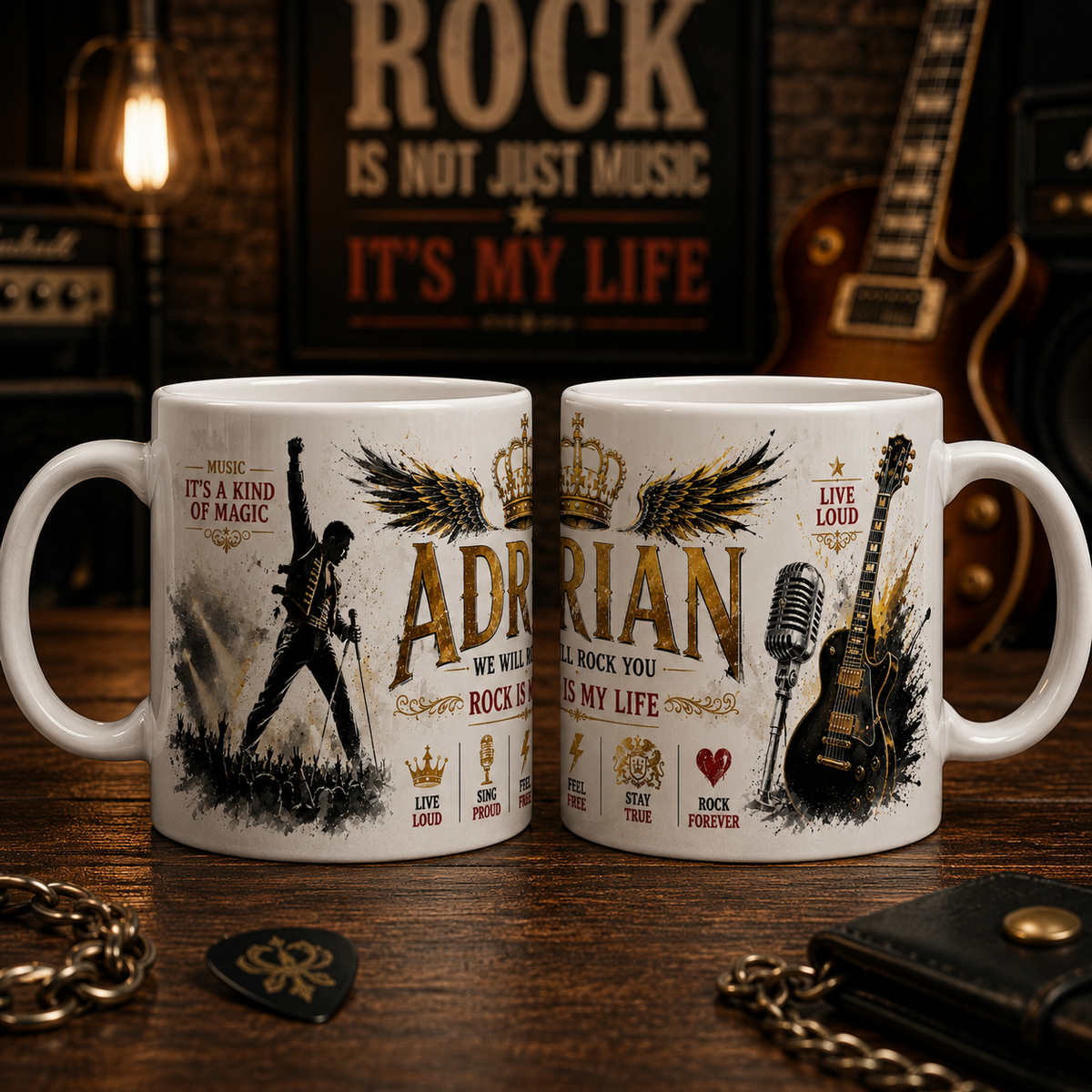 Cană personalizată rock cu numele Adrian, 330 ml, cu chitară electrică, microfon și design premium, prezentată din două unghiuri