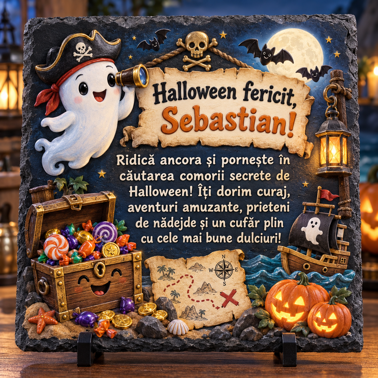 Placă ardezie personalizată Halloween pentru copii 20×20 cm – fantomă pirat, comoară, corabie și nume personalizat