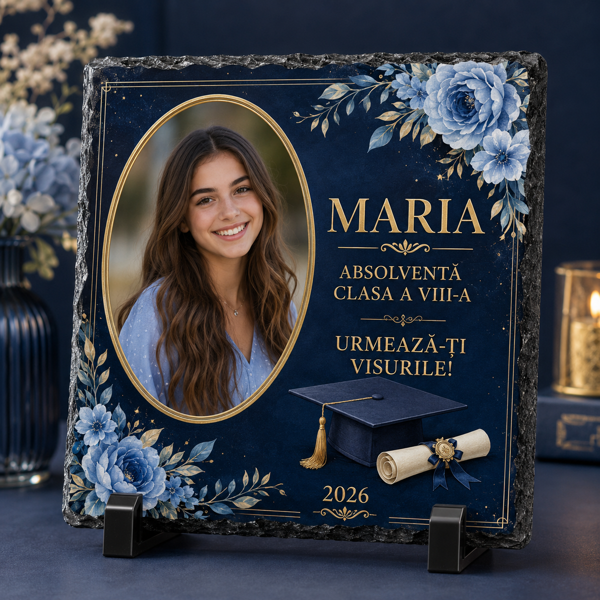 Placă de Ardezie Personalizată Absolvire Clasa a VIII-a 20×20 cm cu Poză și Nume – Cadou Absolvire 2026