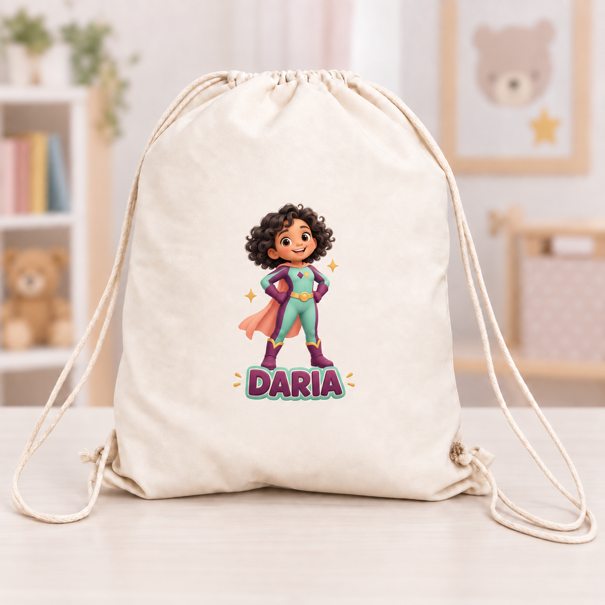 Săculeț personalizat pentru copii cu nume – Rucsac canvas 43x34 cm cu personaj supererou