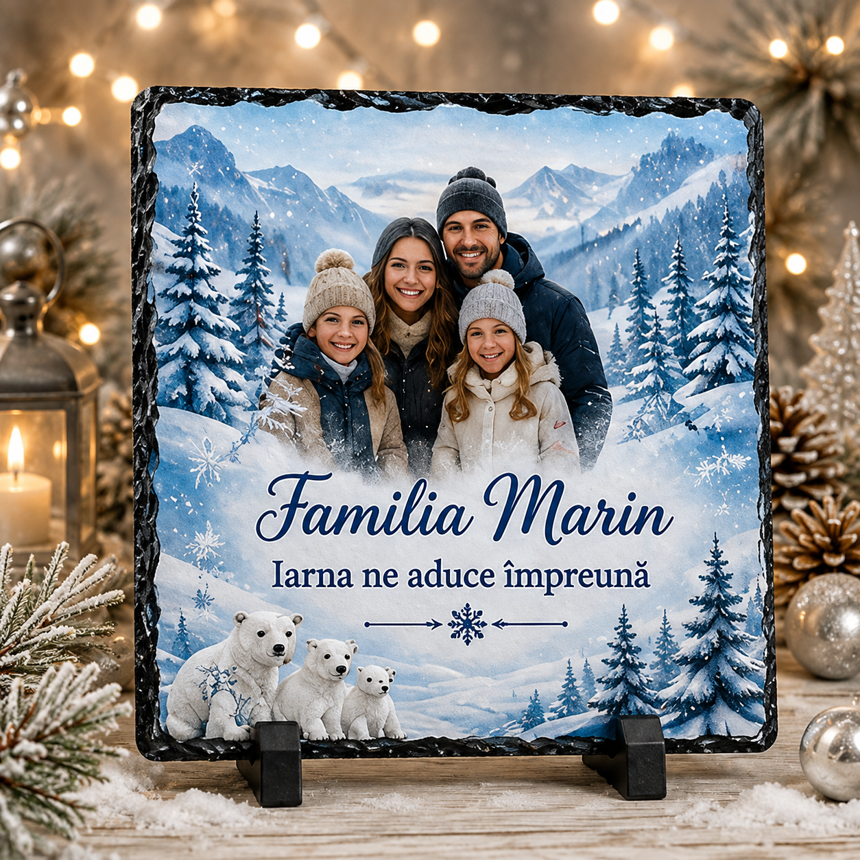 Piatră Ardezie Personalizată de Iarnă 20x20 cm cu Poză și Numele Familiei – „Iarna ne aduce împreună”