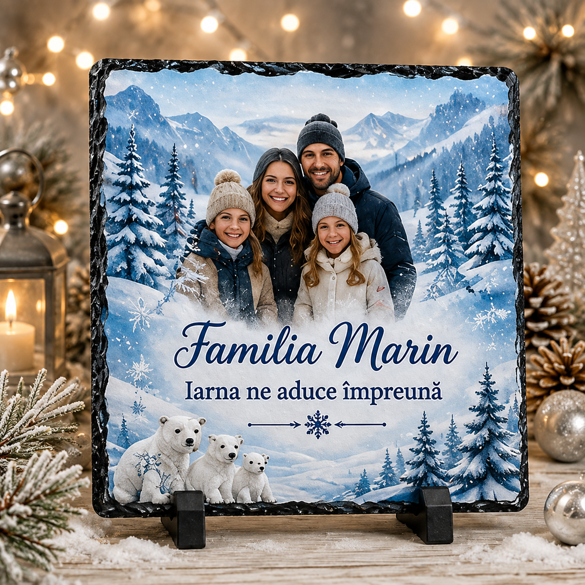 Piatră Ardezie Personalizată de Iarnă 20x20 cm cu Poză și Numele Familiei – „Iarna ne aduce împreună”