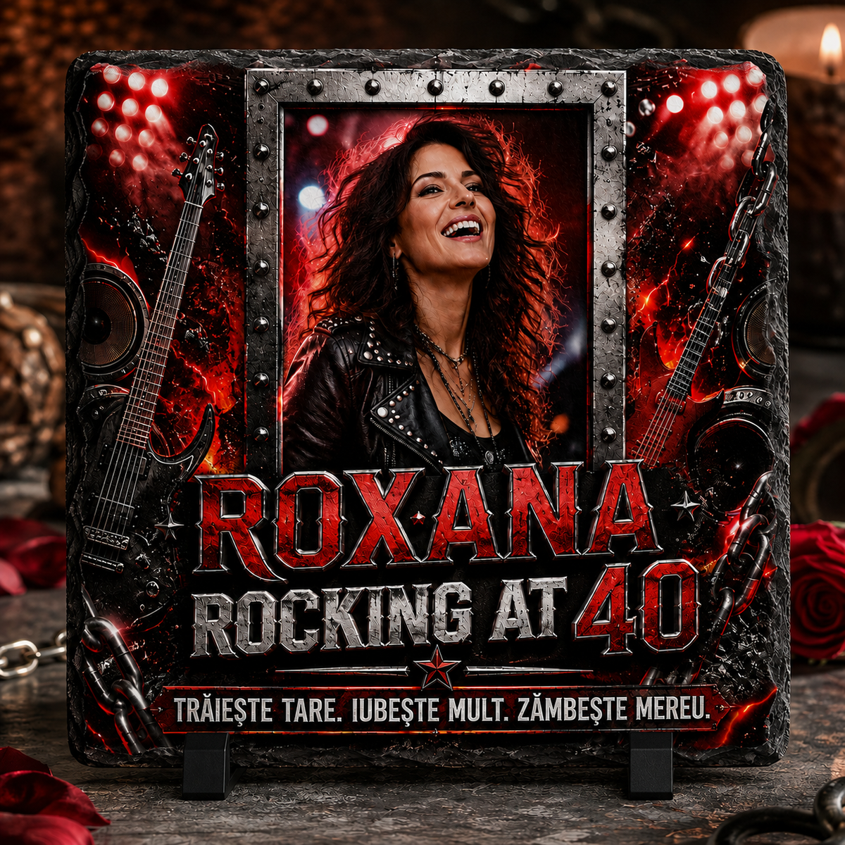 Placă de ardezie personalizată 20×20 cm – „Rocking at 40” | Cadou aniversar Rock cu fotografie