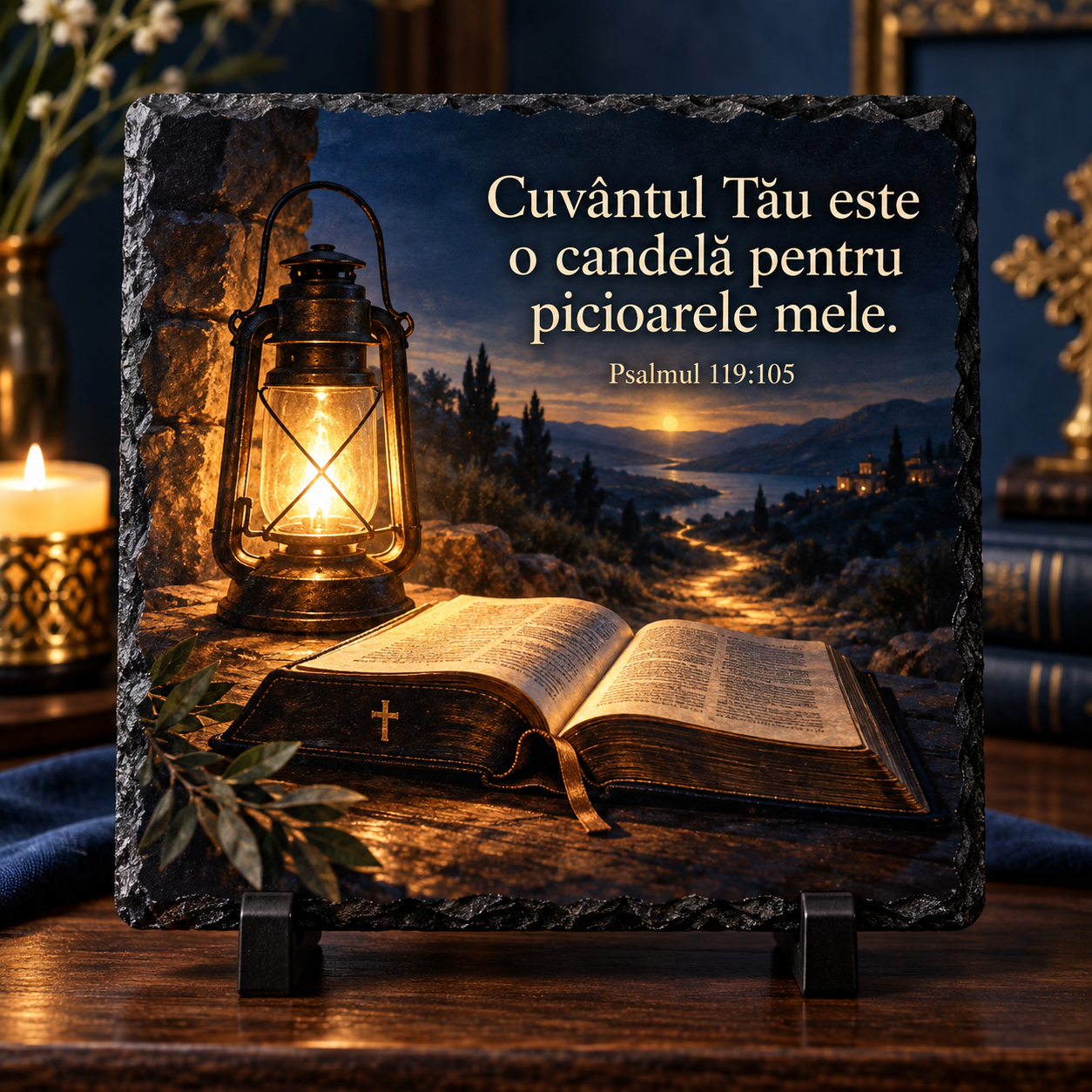 Placă Ardezie Personalizată 20x20 cm cu Text – Cadou Religios cu Verset Biblic
