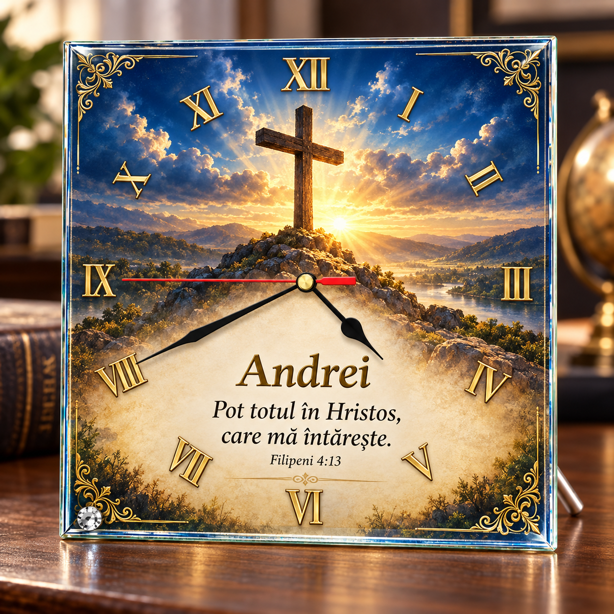 Ceas de birou personalizat religios din sticlă 20x20 cm – Cruce, nume și Filipeni 4:13