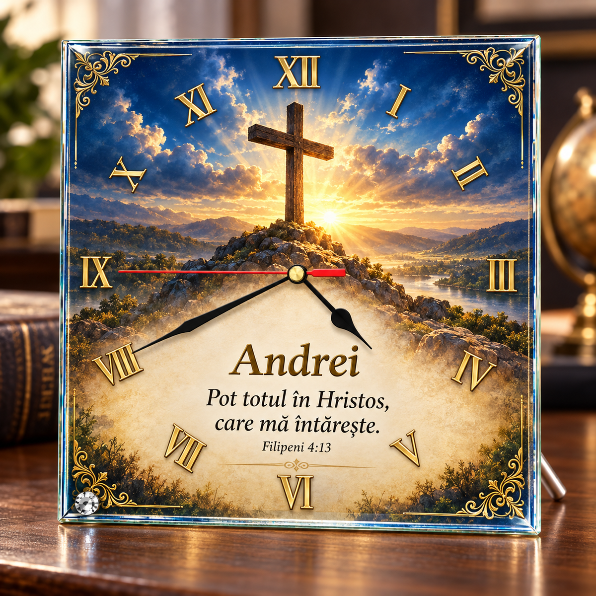 Ceas de birou personalizat religios din sticlă 20x20 cm – Cruce, nume și Filipeni 4:13