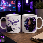 Cană personalizată gamer cu numele Ștefania și fotografie, 330 ml, design mov cu controller, căști și mesaj Born to Game