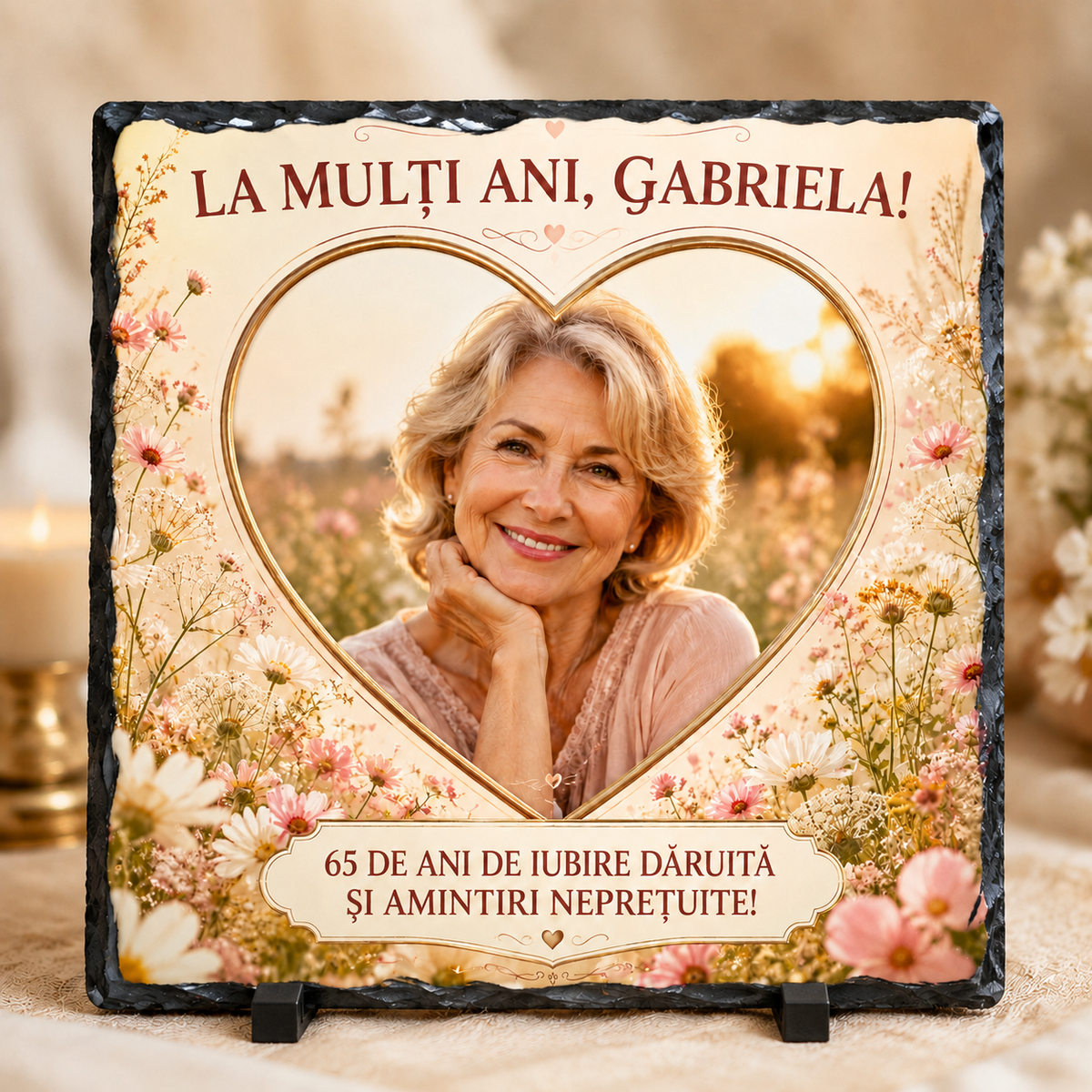 Placă de ardezie personalizată 20×20 cm cu poză – Cadou aniversar floral pentru femeie