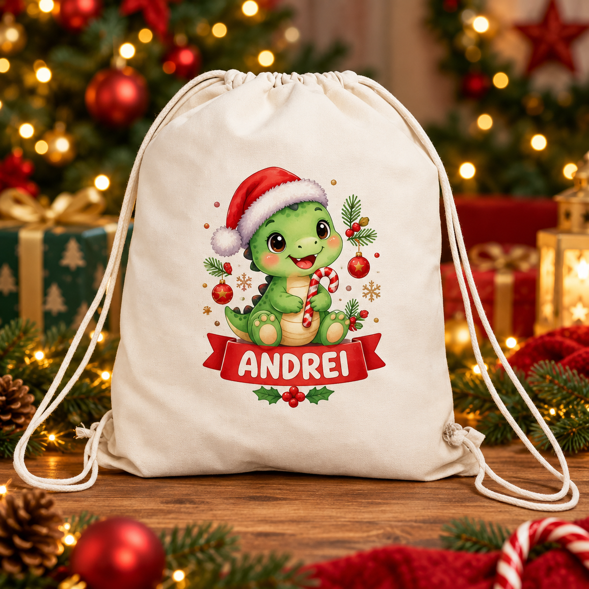 Sac sport personalizat pentru copii – model Crăciun cu nume | Canvas 43 × 34 cm