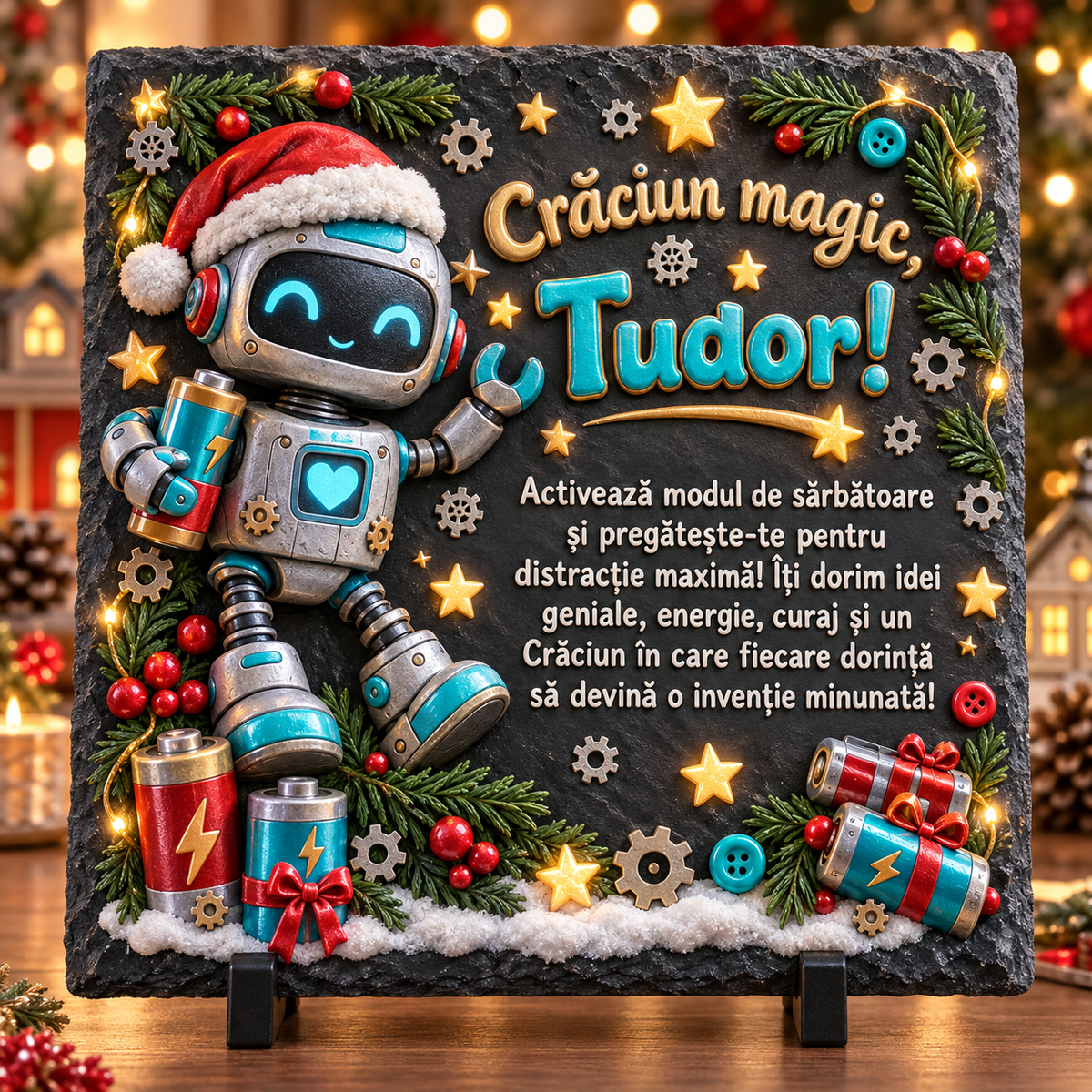 Placă ardezie personalizată 20 × 20 cm – cadou foto cu mesaj special