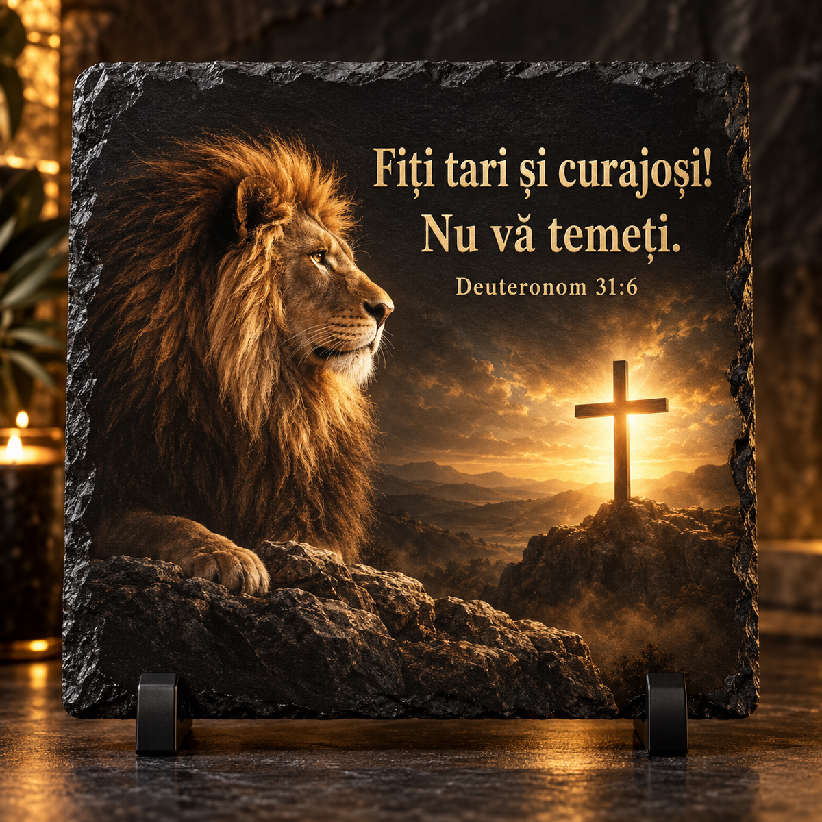 Placă Ardezie Personalizată 20x20 cm – Cadou Religios cu Leu, Cruce și Verset Biblic
