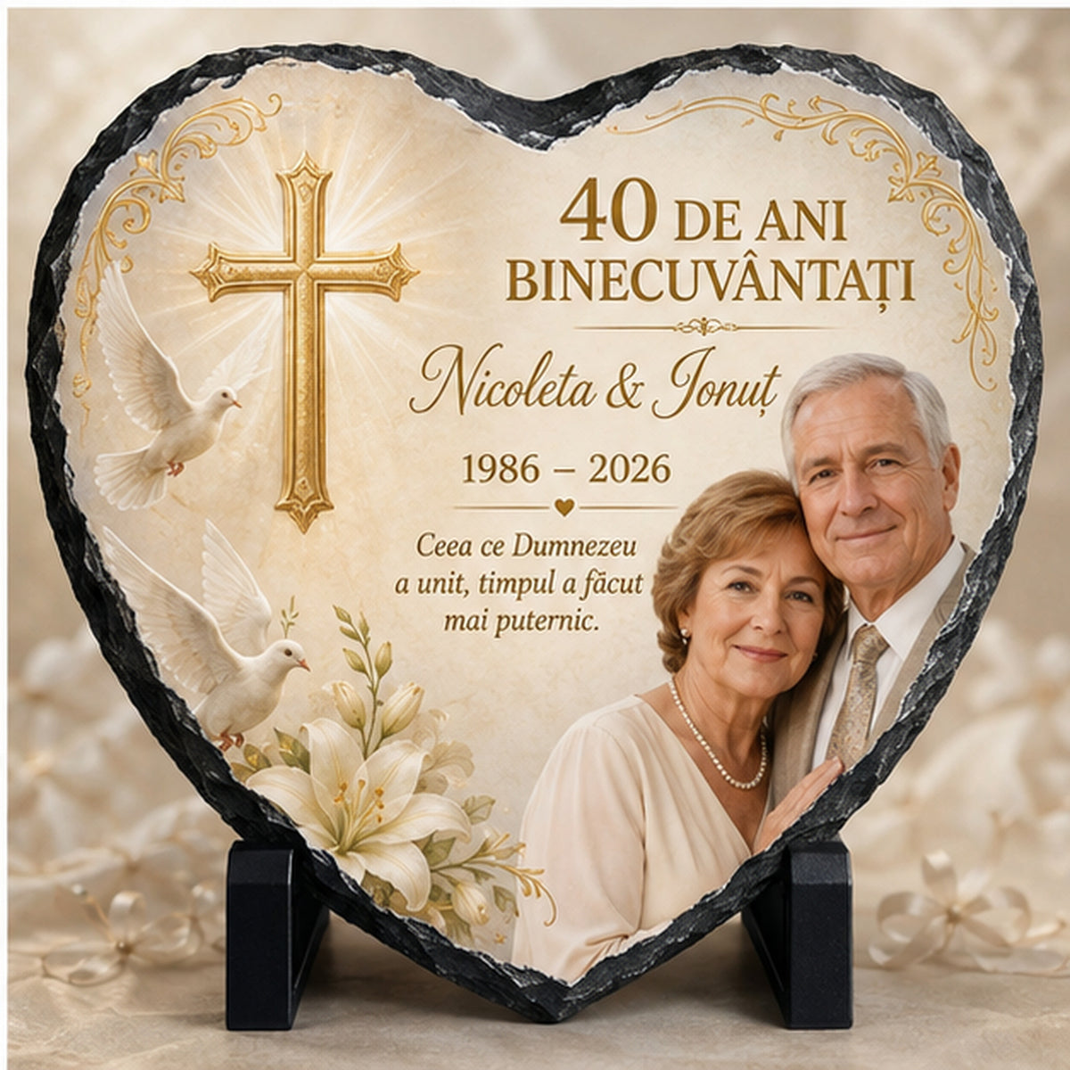Placă de Ardezie Inimă Personalizată – 40 de Ani de Căsătorie, Cadou Religios cu Fotografie