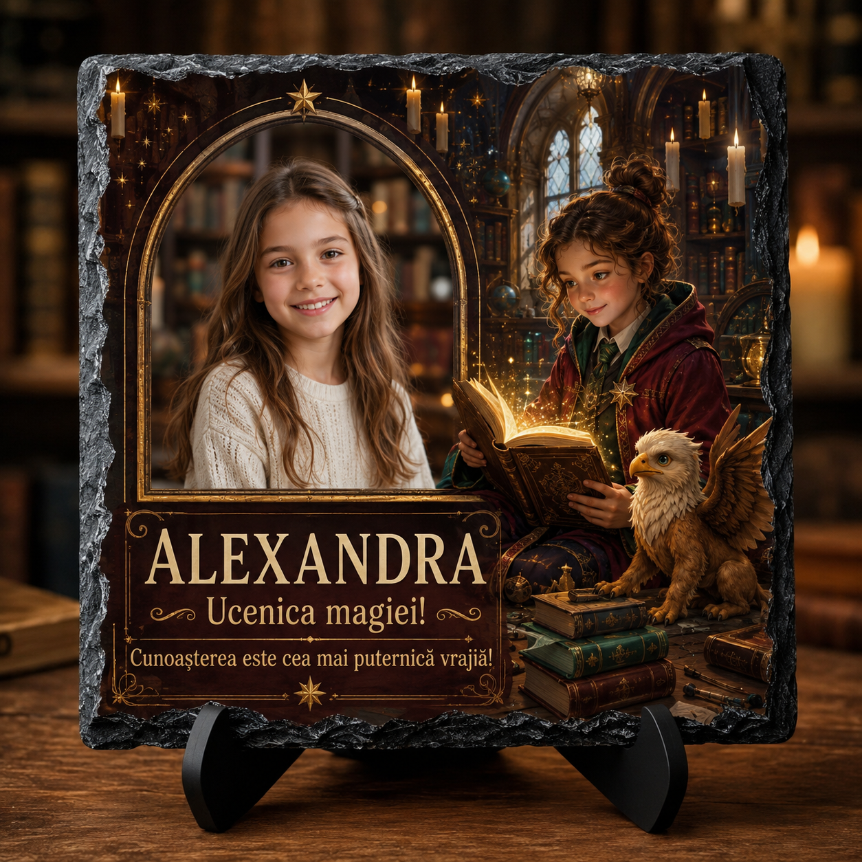 Placă din ardezie personalizată pentru fete 20×20 cm – Ucenica Magiei, cu fotografie și nume