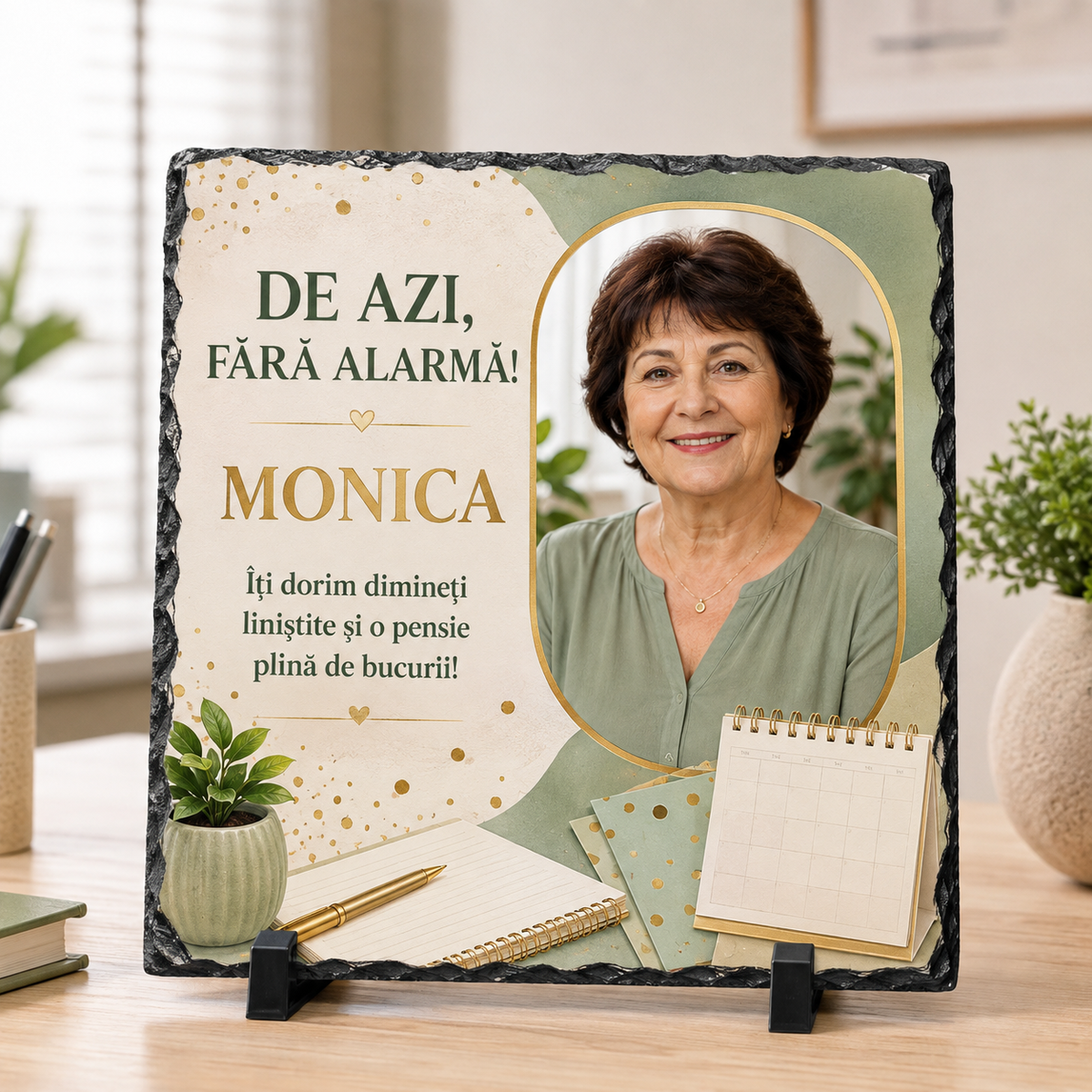 Placă ardezie personalizată 20×20 cm „De azi, fără alarmă!” – Cadou pensionare pentru colegă