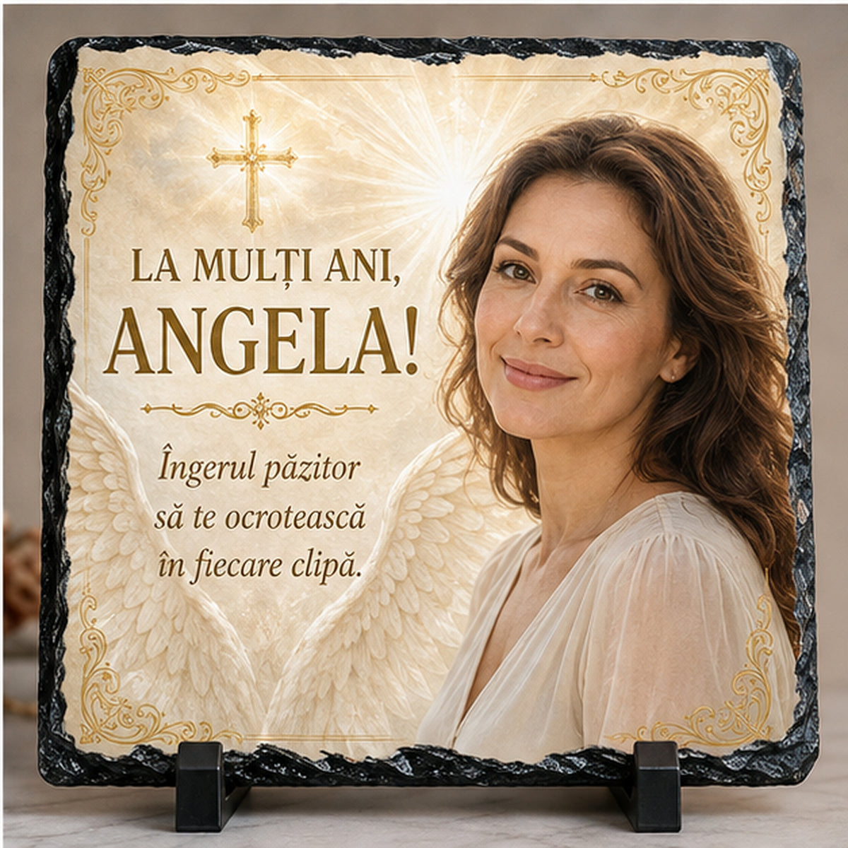 Piatră Ardezie Personalizată Religioasă 20x20 cm cu Poză și Nume – Cadou „La Mulți Ani” pentru Femei