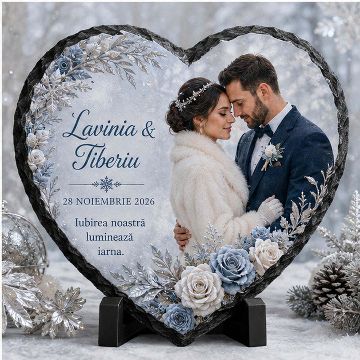 Placă de ardezie inimă personalizată pentru nuntă – Poveste de iarnă